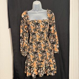 Orange and black floral dress with sleeves